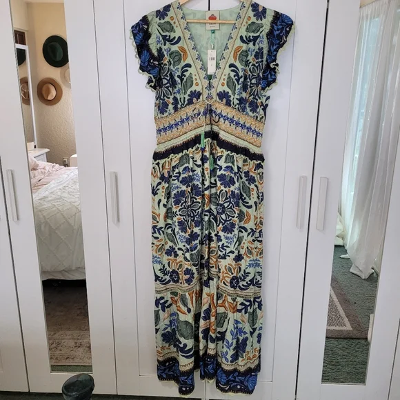 Anthropologie Farm Rio Ocean Tapestry Maxi Smocked Green Blue Lace Midi Dress - Picture 5 of 11